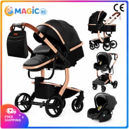 3 in 1 Newborn Pram Pushchair Travel System with Car Seat Reversible Foldable Baby Stroller Carrycot Aluminium Frame EVA Wheels PU Leather Handle High Landscape Baby Carriage with Canopy Foot Cover Large Shopping Basket