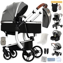 3 in 1 Newborn Pram Pushchair Travel System with Car Seat Reversible Foldable Baby Stroller Carrycot Aluminium Frame EVA Wheels PU Leather Handle High Landscape Baby Carriage with Canopy Foot Cover Large Shopping Basket