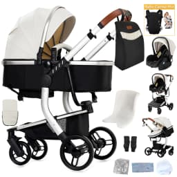 3 in 1 Newborn Pram Pushchair Travel System with Car Seat Reversible Foldable Baby Stroller Carrycot Aluminium Frame EVA Wheels PU Leather Handle High Landscape Baby Carriage with Canopy Foot Cover Large Shopping Basket