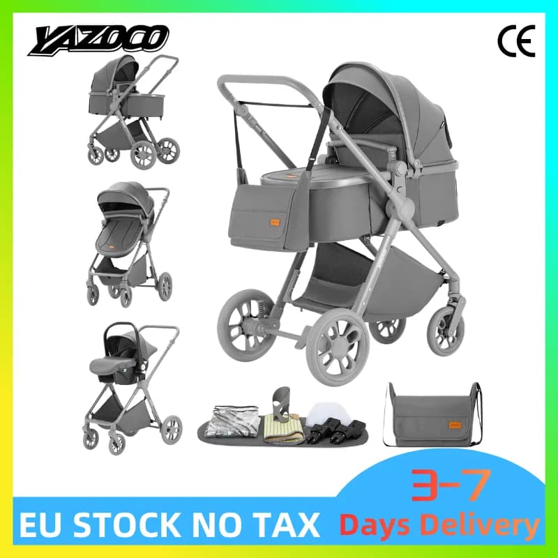 3 in 1 Multi-Functional Infant Pushchair Travel Set Matched With Newborn Safety Seat, Lightweight Durable Aluminum Frame, Soft Ventilated Mesh Cushion, Labor-Saving Fold Structure And Multi-Angle Lie-Flat Backrest For Baby Long-Distance Travel
