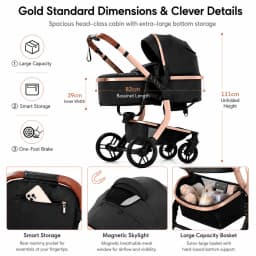3 in 1 Baby Stroller Travel System with Car Seat for Newborn Toddler Reversible Foldable Pushchair Carrycot Aluminium Frame EVA Wheels PU Leather Handle High Landscape Pram with Canopy Foot Cover Storage Basket Up to 20kg