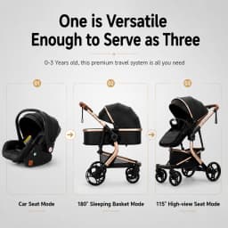 3 in 1 Baby Stroller Travel System with Car Seat for Newborn Toddler Reversible Foldable Pushchair Carrycot Aluminium Frame EVA Wheels PU Leather Handle High Landscape Pram with Canopy Foot Cover Storage Basket Up to 20kg