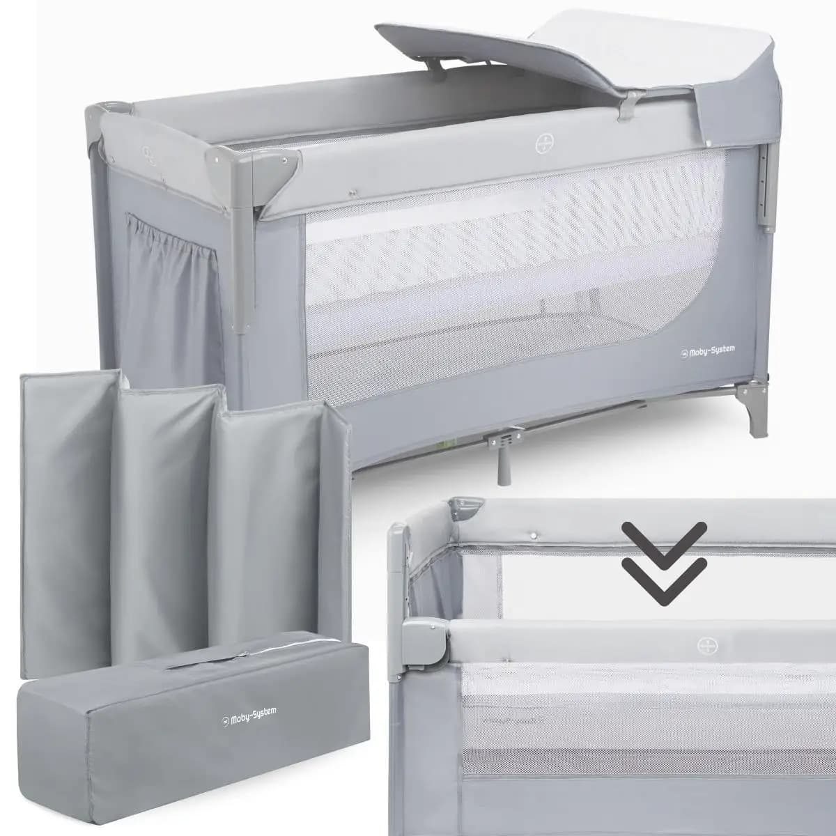 Moby-System Closely 3-in-1 Travel Cot with Changing Table Mattress and Travel Bag for Baby Crib 0-3 Years