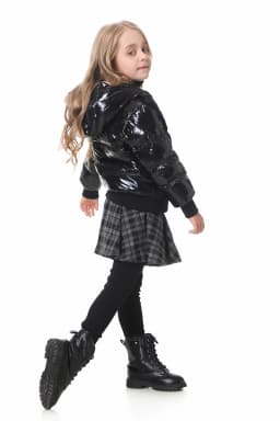 Fashion joining design winter coats filling white duck down warm jackets soft fur fabric and glossy black waterproof coats