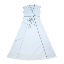 Women Wrap Dress Maxi White Color With Contrasted Special Decoration Stitching Girl Sleeveless Cotton Linen Fabric Waist Belt