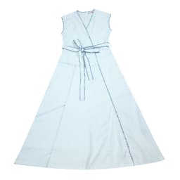 Women Wrap Dress Maxi White Color With Contrasted Special Decoration Stitching Girl Sleeveless Cotton Linen Fabric Waist Belt