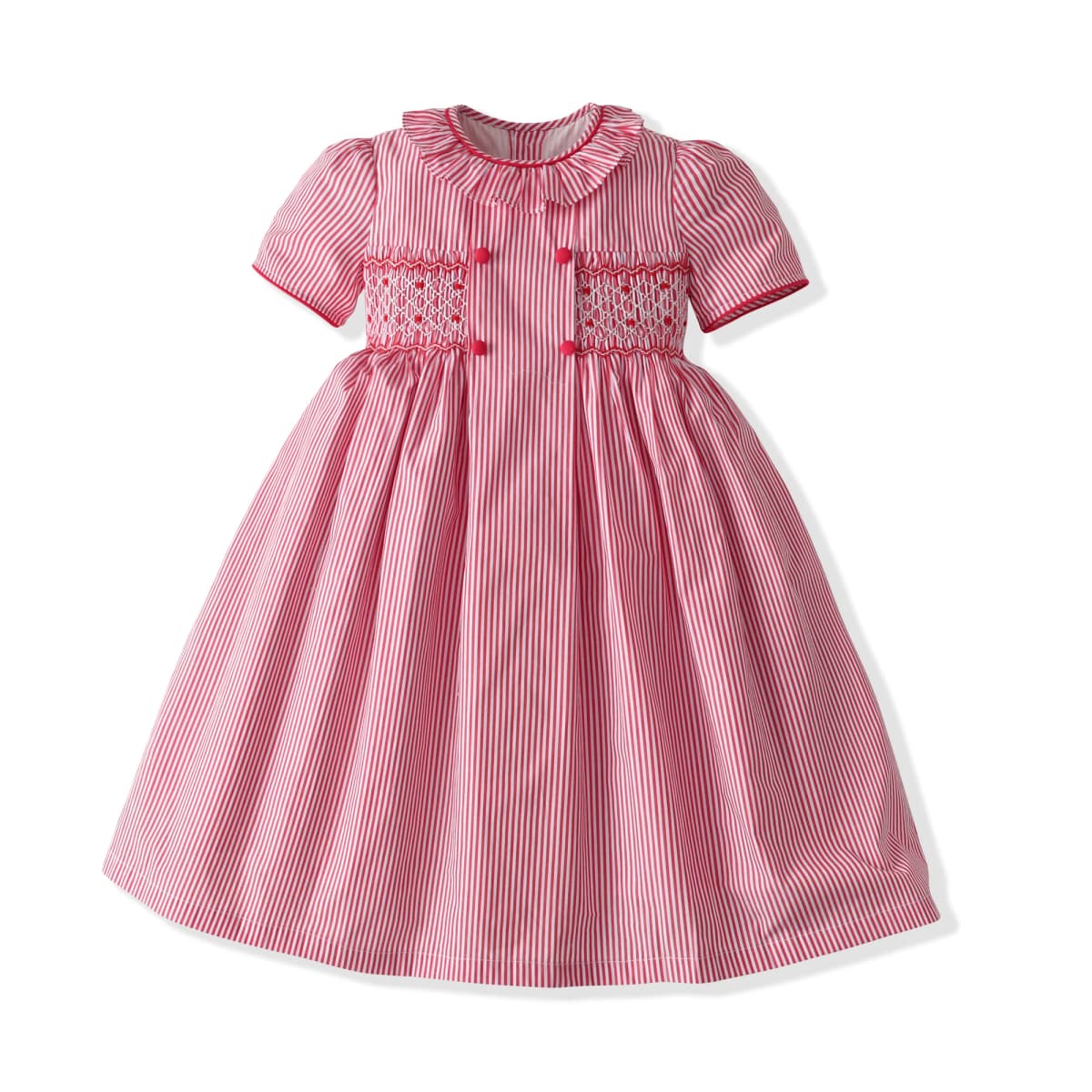 Stripe Frill Collar Kids Girls Dress Smocked Embroider Birthday Party Children Clothing Baby Short Sleeves Dresses For Summer