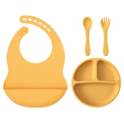 4PCS Baby Silicone Feeding Set With Suction Plate BPA Free Solid Color Waterproof Bib Portable Spoon Fork Children's Tableware