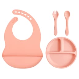 4PCS Baby Silicone Feeding Set With Suction Plate BPA Free Solid Color Waterproof Bib Portable Spoon Fork Children's Tableware