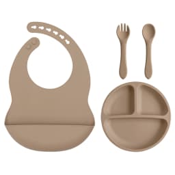 4PCS Baby Silicone Feeding Set With Suction Plate BPA Free Solid Color Waterproof Bib Portable Spoon Fork Children's Tableware