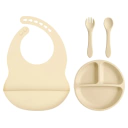 4PCS Baby Silicone Feeding Set With Suction Plate BPA Free Solid Color Waterproof Bib Portable Spoon Fork Children's Tableware