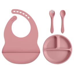 4PCS Baby Silicone Feeding Set With Suction Plate BPA Free Solid Color Waterproof Bib Portable Spoon Fork Children's Tableware