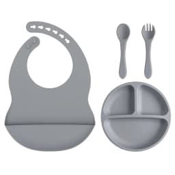 4PCS Baby Silicone Feeding Set With Suction Plate BPA Free Solid Color Waterproof Bib Portable Spoon Fork Children's Tableware