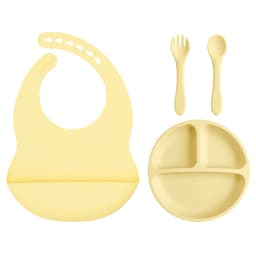 4PCS Baby Silicone Feeding Set With Suction Plate BPA Free Solid Color Waterproof Bib Portable Spoon Fork Children's Tableware