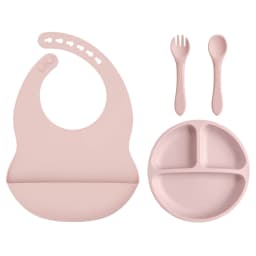 4PCS Baby Silicone Feeding Set With Suction Plate BPA Free Solid Color Waterproof Bib Portable Spoon Fork Children's Tableware