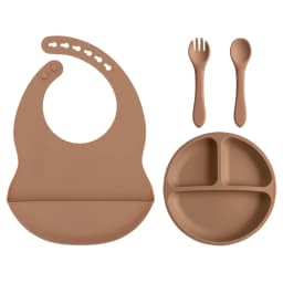 4PCS Baby Silicone Feeding Set With Suction Plate BPA Free Solid Color Waterproof Bib Portable Spoon Fork Children's Tableware