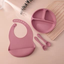 4PCS Baby Silicone Feeding Set With Suction Plate BPA Free Solid Color Waterproof Bib Portable Spoon Fork Children's Tableware