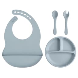4PCS Baby Silicone Feeding Set With Suction Plate BPA Free Solid Color Waterproof Bib Portable Spoon Fork Children's Tableware