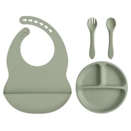 4PCS Baby Silicone Feeding Set With Suction Plate BPA Free Solid Color Waterproof Bib Portable Spoon Fork Children's Tableware