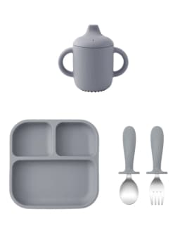 4PCS Baby Silicone Feeding Set With Suction Plate BPA Free Solid Color Waterproof Bib Portable Spoon Fork Children's Tableware
