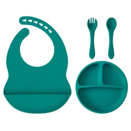 4PCS Baby Silicone Feeding Set With Suction Plate BPA Free Solid Color Waterproof Bib Portable Spoon Fork Children's Tableware