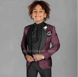 Blue Jacquard Suit For Boy Kid Wedding Tuxedos Formal Wear Birthday Stage Performance Costumes 3PCS Set Blazer Vest Pants Set