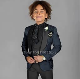 Blue Jacquard Suit For Boy Kid Wedding Tuxedos Formal Wear Birthday Stage Performance Costumes 3PCS Set Blazer Vest Pants Set