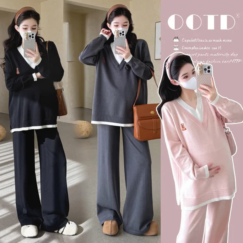 Maternity Suit Autumn Fake Two Piece Casual Simple Sweet Loose Soft Cartoon V Neck Sweater And Wide Leg Pants Two Piece Set