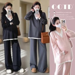 Maternity Suit Autumn Fake Two Piece Casual Simple Sweet Loose Soft Cartoon V Neck Sweater And Wide Leg Pants Two Piece Set