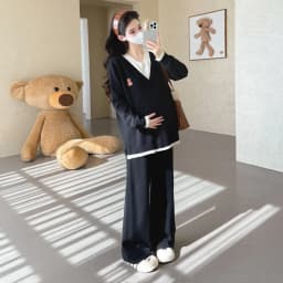 Maternity Suit Autumn Fake Two Piece Casual Simple Sweet Loose Soft Cartoon V Neck Sweater And Wide Leg Pants Two Piece Set