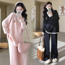Maternity Suit Autumn Fake Two Piece Casual Simple Sweet Loose Soft Cartoon V Neck Sweater And Wide Leg Pants Two Piece Set