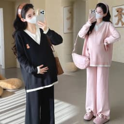 Maternity Suit Autumn Fake Two Piece Casual Simple Sweet Loose Soft Cartoon V Neck Sweater And Wide Leg Pants Two Piece Set