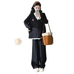 Maternity Suit Autumn Fake Two Piece Casual Simple Sweet Loose Soft Cartoon V Neck Sweater And Wide Leg Pants Two Piece Set