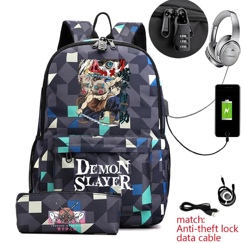 Demon Slayer Inosuke Anime Print Anti-Theft School Backpack with Pencil Case for Boys Girls Kids