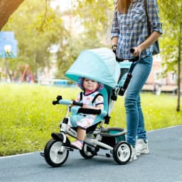 Homcom Tricycle for Babies +12 Months with Telescopic and Detachable Push Handle, Mommy Bag and Bottle Holder Mint Green