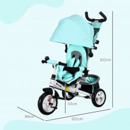 Homcom Tricycle for Babies +12 Months with Telescopic and Detachable Push Handle, Mommy Bag and Bottle Holder Mint Green