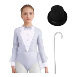 Kids Girls Sparkly Sequins Dance Outfit Magician Back Invisible Zipper Color Block Tulle Skirted Leotard with Hat And Crutch