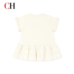 CH Kids Solid Cream Short Sleeve Blouse Signature CHHC Embroidery Multi Layer Flounce Hem Weekend Casual Outfit