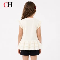 CH Kids Solid Cream Short Sleeve Blouse Signature CHHC Embroidery Multi Layer Flounce Hem Weekend Casual Outfit