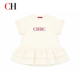 CH Kids Solid Cream Short Sleeve Blouse Signature CHHC Embroidery Multi Layer Flounce Hem Weekend Casual Outfit