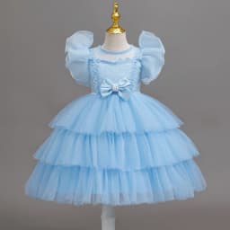Girls Princess Dress Layered Tulle Lace Puff Sleeve Bow 3-8T Kids Birthday Wedding Flower Girl Party Pageant Gown