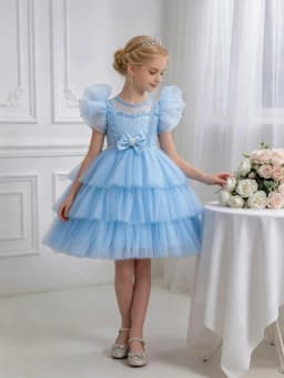 Girls Princess Dress Layered Tulle Lace Puff Sleeve Bow 3-8T Kids Birthday Wedding Flower Girl Party Pageant Gown