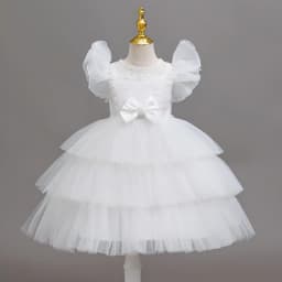 Girls Princess Dress Layered Tulle Lace Puff Sleeve Bow 3-8T Kids Birthday Wedding Flower Girl Party Pageant Gown