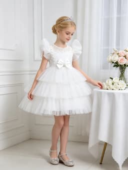 Girls Princess Dress Layered Tulle Lace Puff Sleeve Bow 3-8T Kids Birthday Wedding Flower Girl Party Pageant Gown