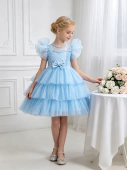 Girls Princess Dress Layered Tulle Lace Puff Sleeve Bow 3-8T Kids Birthday Wedding Flower Girl Party Pageant Gown