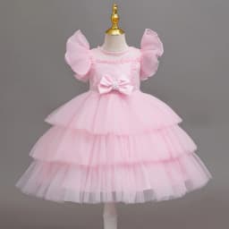 Girls Princess Dress Layered Tulle Lace Puff Sleeve Bow 3-8T Kids Birthday Wedding Flower Girl Party Pageant Gown
