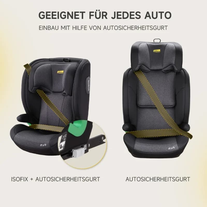 The I-Size R129 Child Car Seat Is Suitable for Children Aged 3.5 To 12 Years (100-150 Cm). It Features An Adjustable Backrest, Headrest, Side Impact Protection, Lightweight Design, and ISOFIX Reclining Function.