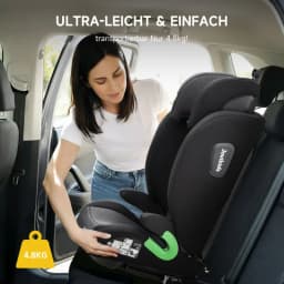 The I-Size R129 Child Car Seat Is Suitable for Children Aged 3.5 To 12 Years (100-150 Cm). It Features An Adjustable Backrest, Headrest, Side Impact Protection, Lightweight Design, and ISOFIX Reclining Function.