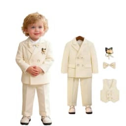 Little Kids Navy Blue 5Pieces Jacket Vest Pants Bowtie Flower Wedding Dress Boys Birthday Gift Suit Children Ceremony Costume