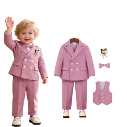 Little Kids Navy Blue 5Pieces Jacket Vest Pants Bowtie Flower Wedding Dress Boys Birthday Gift Suit Children Ceremony Costume